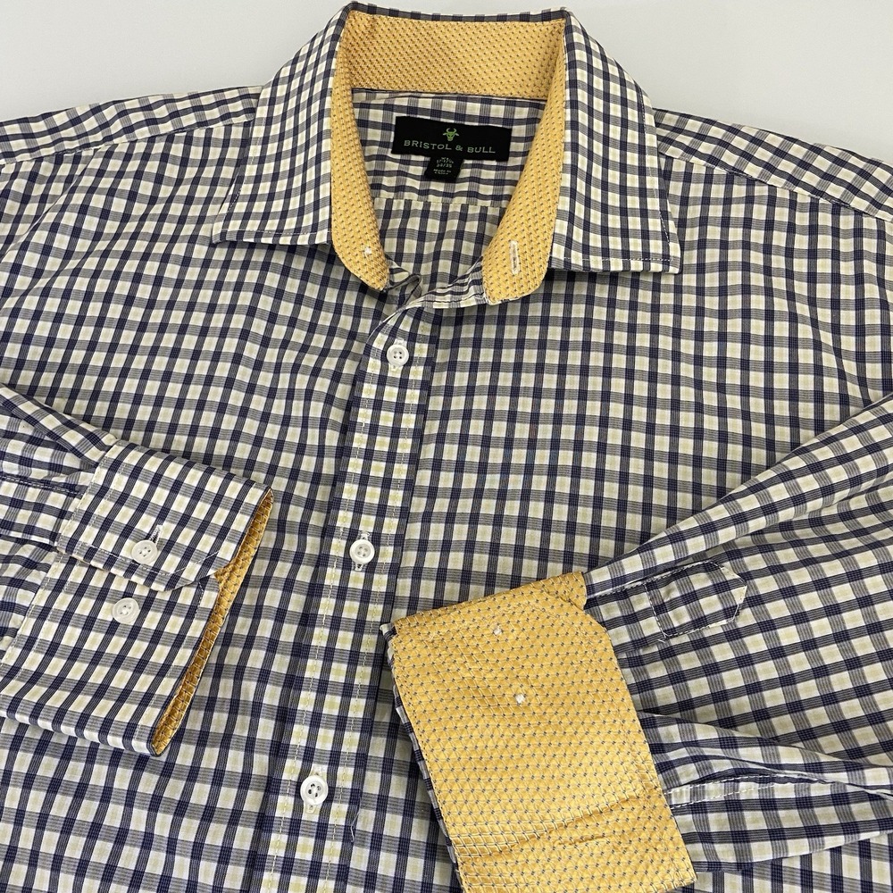 Bristol & Bull Men XL Dress Shirt Men Blue Check Business Flip Cuff Button Front